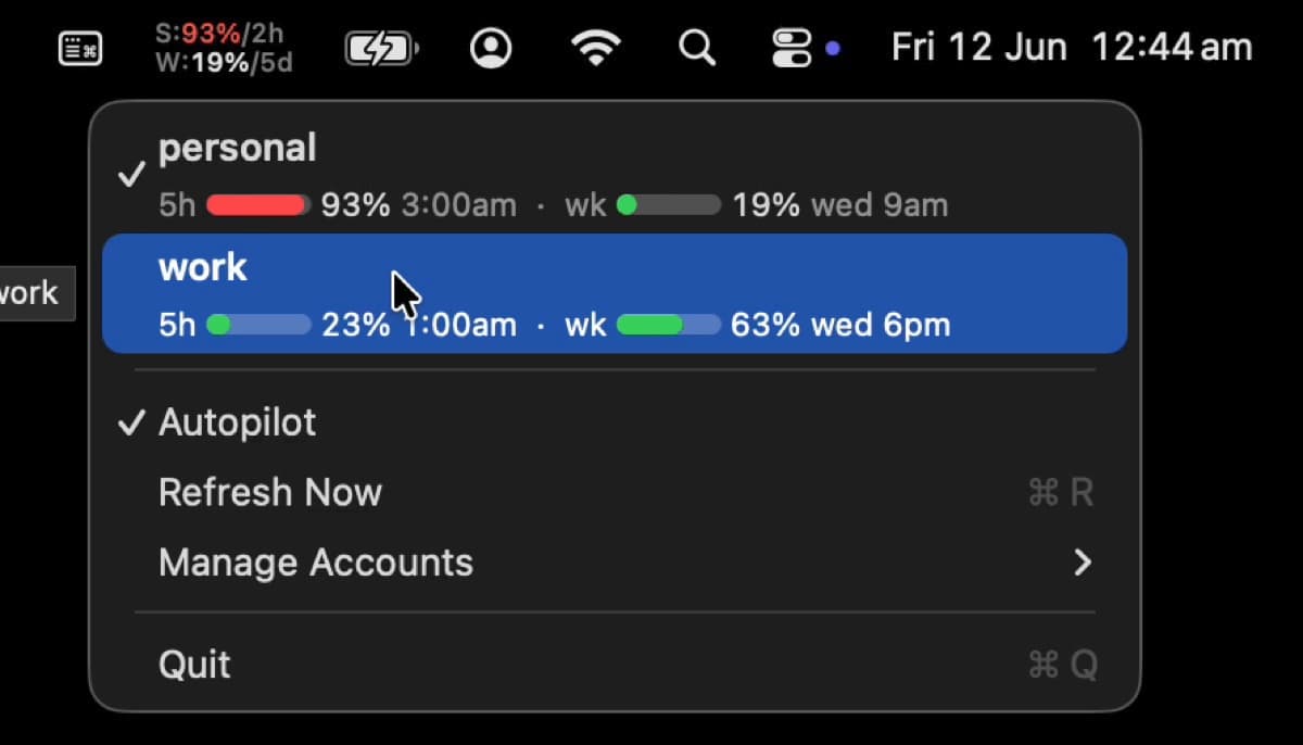 Two Claude Code subscriptions, one menu bar cover