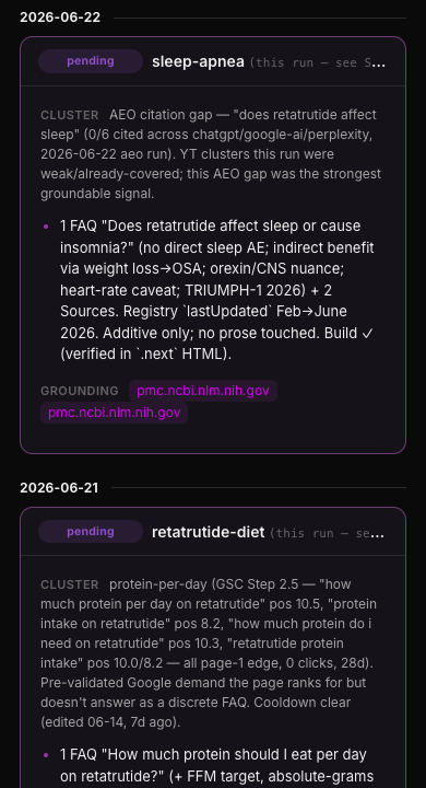 One experiment in the journal — a sleep-apnea content gap, the FAQ the agent added, the medical sources it grounded against, and a verified build