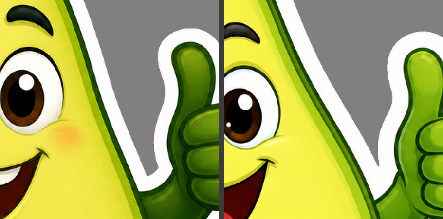 Two zoomed sticker edges side by side. Left, a hard-cut keying leaves a pink halo along the white border. Right, the same edge after the fix is clean.