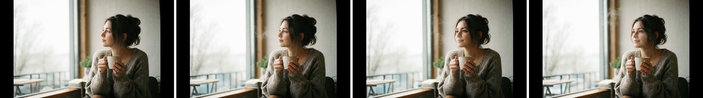 Four sequential frames from a Veo Lite clip: a person by a window turning their head toward the camera, steam rising from a mug.