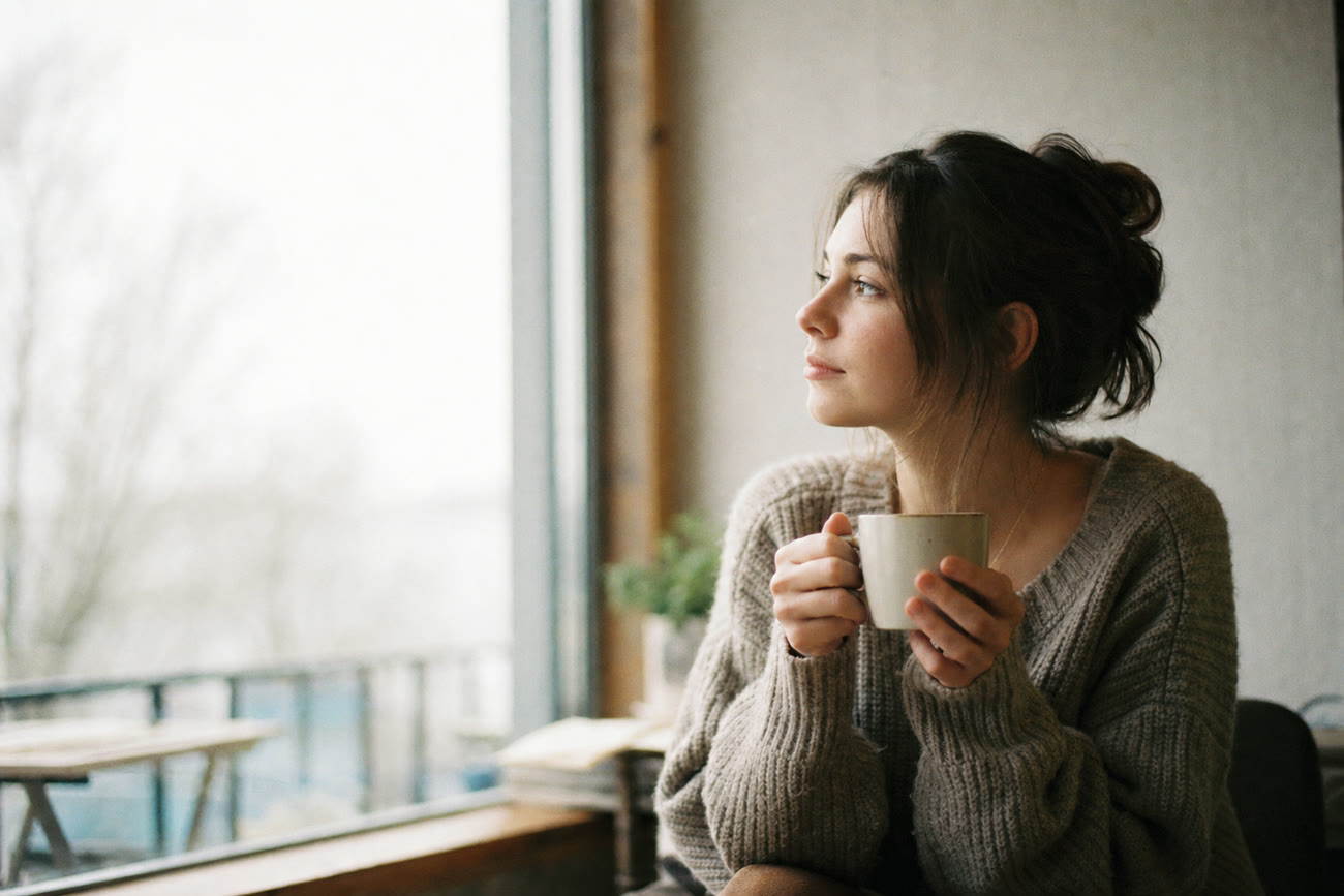 A still of a person in a knit sweater holding a mug by a window.