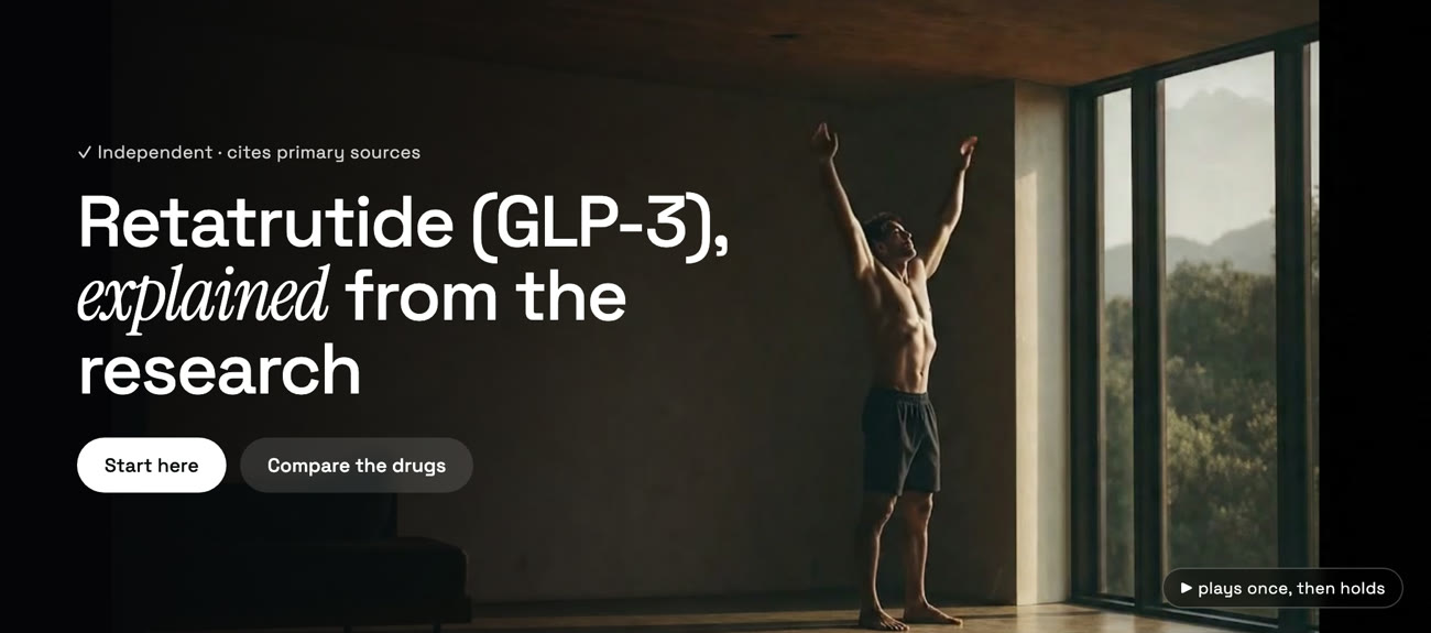 Hero with a frame from a cinematic video, the figure mid-motion, and a white headline.